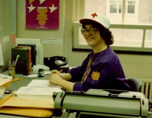 Historic photo of me, ca. 1980, in my editorial cubicle, American Red Cross publications office, Alexandria, Va.